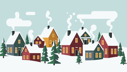 Flat vector illustration of a cozy winter village scene, featuring snow-covered houses, smoke from chimneys, and evergreen trees, creating a peaceful and festive holiday atmosphere