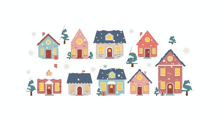 Charming Winter Village Scene with Cozy Houses and Snowfall