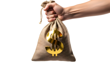 Isolated hand holding a dollar-sign money bag, symbolizing wealth, profit, savings, and investment in a clear finance graphic.