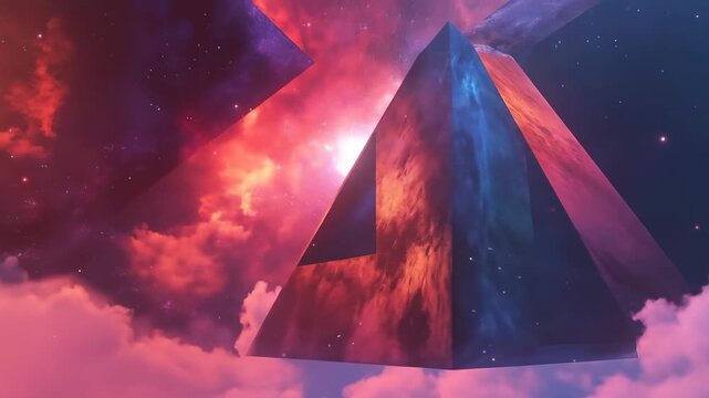 Abstract geometric triangle amidst colorful nebula and clouds backdrop
