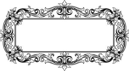 Ornate Black and White Floral Scrollwork Frame with Blank Rectangular Center Keywords: ornate frame, scrollwork, floral