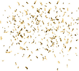 Golden celebration confetti falling from above on a fully transparent background. Ideal for party graphics, event promotions, festive overlays, New Year designs, birthdays, weddings, and luxury