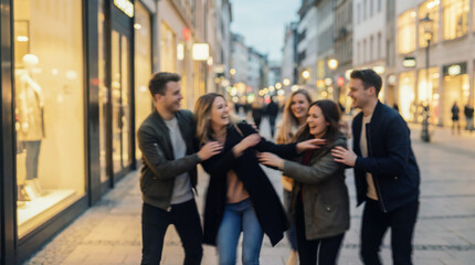 Fototapeta premium Motion blurred image of happy millennials having fun during an evening walk in the city