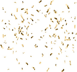 Golden celebration confetti falling from above on a fully transparent background. Ideal for party...