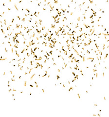 Golden celebration confetti falling from above on a fully transparent background. Ideal for party graphics, event promotions, festive overlays, New Year designs, birthdays, weddings, and luxury