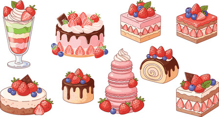 Strawberry Dessert Vector Set Featuring Cakes, Pastries, Cheesecake, Roll Cake, Parfait, and Sweet Bakery Treats