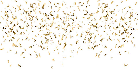 Golden celebration confetti falling from above on a fully transparent background. Ideal for party graphics, event promotions, festive overlays, New Year designs, birthdays, weddings, and luxury