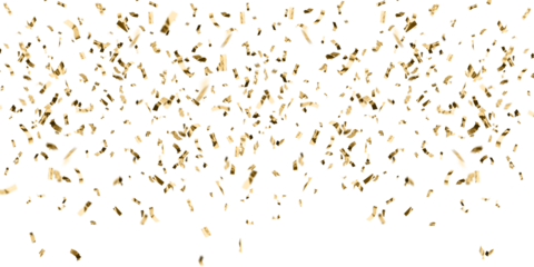 Golden celebration confetti falling from above on a fully transparent background. Ideal for party graphics, event promotions, festive overlays, New Year designs, birthdays, weddings, and luxury