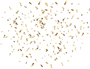 Golden celebration confetti falling from above on a fully transparent background. Ideal for party graphics, event promotions, festive overlays, New Year designs, birthdays, weddings, and luxury