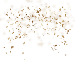 Golden celebration confetti falling from above on a fully transparent background. Ideal for party graphics, event promotions, festive overlays, New Year designs, birthdays, weddings, and luxury