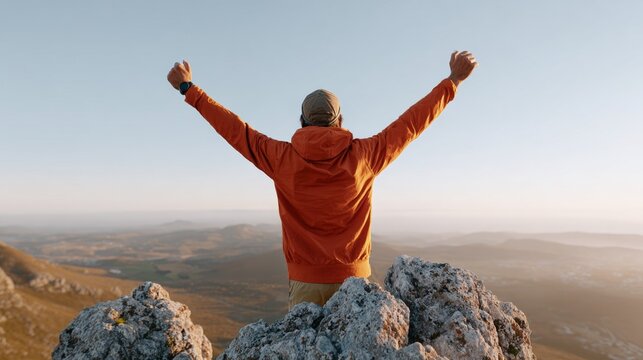 Person atop mountain peak celebrating victory. - Powered by Adobe