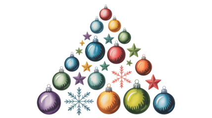 A festive arrangement of colorful Christmas baubles, stars, and snowflakes forming a decorative Christmas tree shape on a white background.