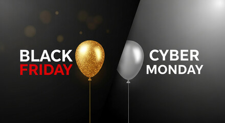 Image with golden and silver balloon, displaying "Black Friday" and "Cyber Monday". Concept for advertisement, promotion, and retail sale event