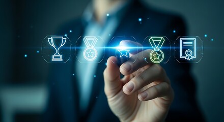 A person interacts with glowing digital icons representing awards achievements and success in a futuristic interface