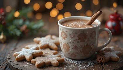 Cozy winter evening scene with warm cocoa, cinnamon stick, and powdered sugar star cookies by twinkling lights