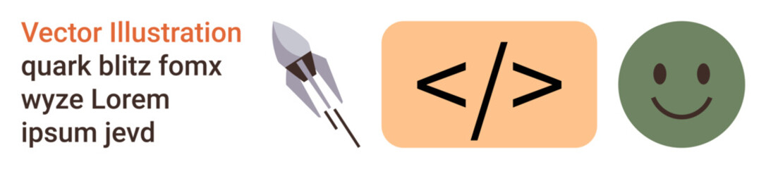 Technology, programming concepts, digital communication, coding education, software development, and feedback systems. A rocket, coding symbol and happy face on a white background. Technology