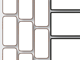 Phones and tablets with blank screens for showing mobile apps, site pages and interface ideas