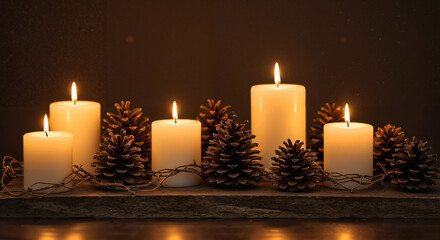 Decorative candles with pine cones arranged on rustic backdrop  