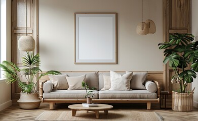 Fototapeta premium Cozy Neutral Living Room with Blank Wall Frame.Ideal for interior design, home, and mockup-themed projects. Great for decor visuals, art frame mockups