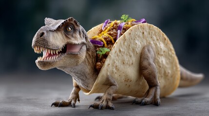 Creative dinosaur taco illustration featuring a playful dinosaur character with a taco shell filled with colorful ingredients, showcasing a whimsical and humorous food concept for culinary art