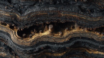 extreme macro of layered burnt carbon deposits inside engine, looks like dark layered cake but realistic and gritty, forensic mechanical photography