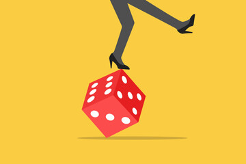 Greedy investor tries to balance herself by rolling unstable dice. Possibility of losing money. concept of Crisis monetary policy number below zero growth