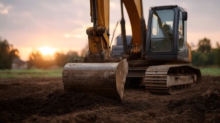 Heavy yellow excavator digging dirt at construction site during a warm golden hour sunset