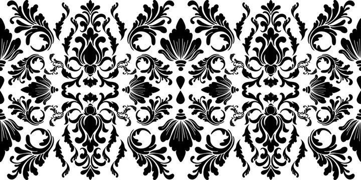 highly detailed,seamless ornamental border a traditional black-and-white damask motif with intricate floral and scroll elements. Ideal for decorative edges,headers,footer design,frame art