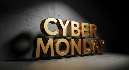 Metallic golden text "Cyber Monday" against a concrete backdrop, representing holiday shopping season, retail promotion, and special discount event
