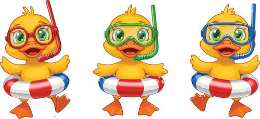 Three cartoon ducks wearing snorkels and swim rings ready for summer fun character animal