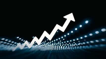 Abstract upward trend arrow graphic with glowing lights in the background, symbolizing growth, success, and progress in business and finance, ideal for presentations and reports