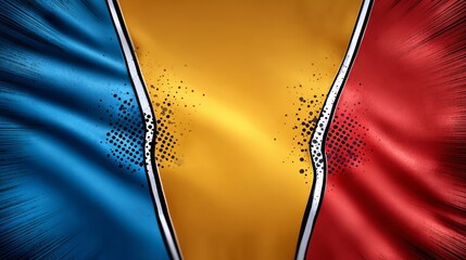 Vibrant illustration of a flag with blue, yellow, and red colors, showcasing dynamic textures and patterns, representing national pride and cultural identity in a visually striking manner