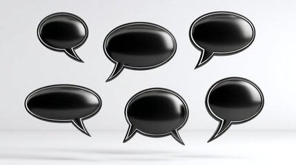 Black speech bubbles floating in a minimalistic space, showcasing various shapes and sizes, ideal for communication concepts and graphic design projects with copy space for text insertion
