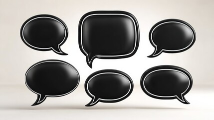 Collection of black speech bubbles with white outlines, varying shapes and sizes, arranged artistically on a light background, ideal for communication and expression concepts in design projects