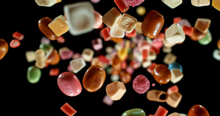Colorful candies flying in mid-air against a black background. Dynamic macro shot with vibrant colors, shallow depth of field, and motion freeze. Perfect for food, advertising, and creative design.