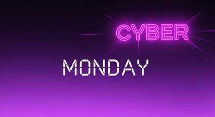 Neon pink "Cyber" and white "Monday" text on gradient purple background, representing technology, commerce, and holiday shopping promotion
