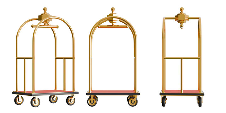 Three views of a gold colored hotel luggage trolley with a red base: perspective view, front view, and side profile view