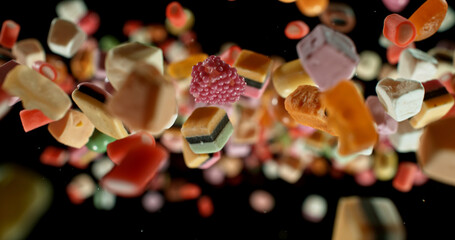 Colorful candies flying in mid-air against a black background. Dynamic macro shot with vibrant colors, shallow depth of field, and motion freeze. Perfect for food, advertising, and creative design.