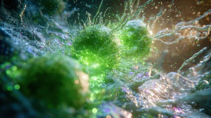 glowing chemical additive particles fighting like tiny superheroes vs sludge monsters, fun sci fi microscopic world, dynamic particle effects, ultra