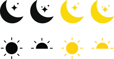 Sun and moon icons set. Weather forecast icons. Screen brightness and contrast level signs. Day and Night icon symbol
