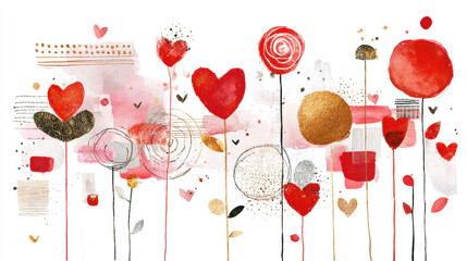 Love blooms in abstract heart flower art with gold accents and watercolor style creating joyful romantic feeling on white background