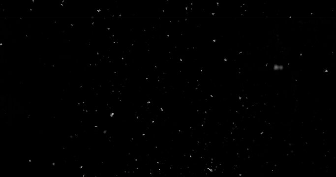 Falling snowflakes isolated on black background. Winter snow overlay texture for VFX, compositing, motion graphics and atmospheric effects