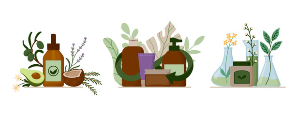 Fototapeta premium Eco and Ethical Cosmetics Illustrations Set. Containers with recycle arrows, Natural Eco Cosmetics Glass Dropper Bottle with Organic Ingredients Around, Glass Laboratory Beakers and Flasks