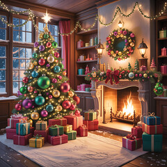 Cozy Christmas living room with decorated tree and fireplace