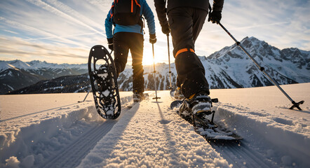 Couple on a snowshoeing adventure in the mountains at sunset. Low angle rear view of people hiking in fresh snow. Winter sport and active lifestyle concept