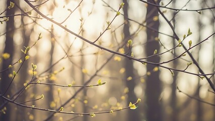 random pattern of thin branches with young spring leaves, open tranquil background, sunlight shining through in soft beams, pastel tones