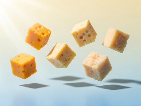 Six different cubes of cheese, including varieties with holes and solid textures, suspended mid-air against a bright gradient background, creating a fun, dynamic food advertising concept.