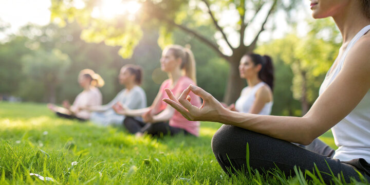 Background of mental states. Group of people practicing meditation or yoga in the park for relaxation and mindful therapy amidst nature in the morning