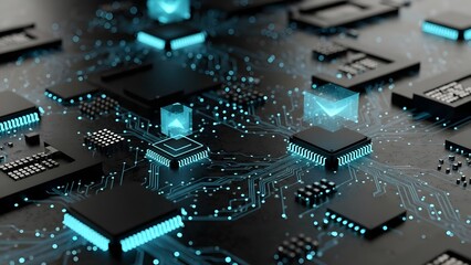 Obraz premium Close-up macro of a green electronic circuit board showing processor chips, capacitors, and resistors, representing modern computer hardware technology