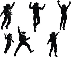 Astronaut silhouettes in celebratory poses, space exploration illustration set, zero gravity motion artwork, science and technology design, cosmic achievement concept